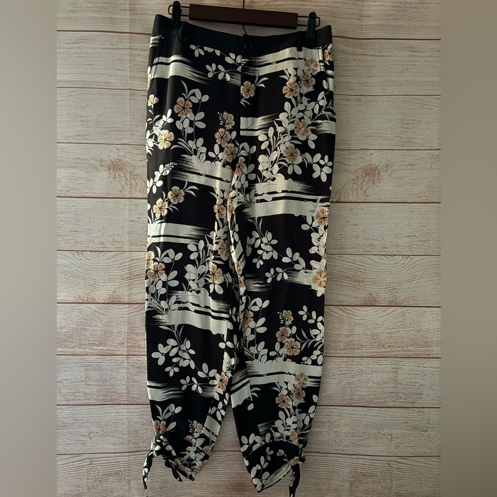 Anthropologie Black Floral Tie-Hem Pants
